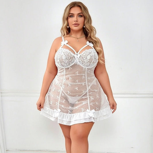 Nuisette Dentelle Ruchée Grande Taille — Blanc - Lingerie Sexy Femme | nuisette Dentelle variant_option1 variant_option2 | Desir Intense
