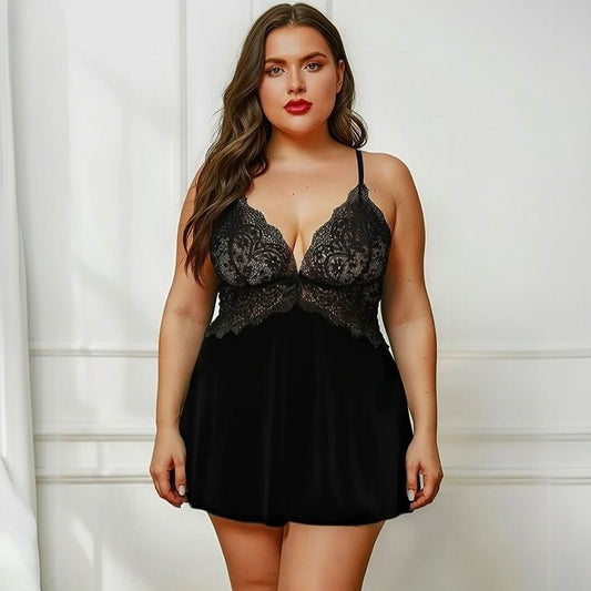 Nuisette Dentelle Col V Grande Taille — Noir - Lingerie Sexy Femme | nuisette Dentelle variant_option1 variant_option2 | Desir Intense